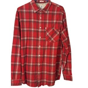 Aigle Mens‎ Flannel Shirt Red Plaid Long Sleeve Button Up 100% Cotton Large